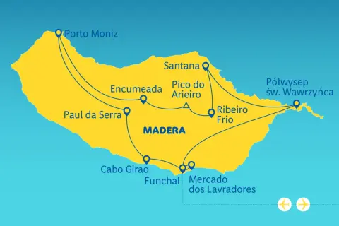 Mapa Madery z zaznaczonymi trasami i miejscami: Porto Moniz, Santana, Funchal. Madera leży na oceanie.