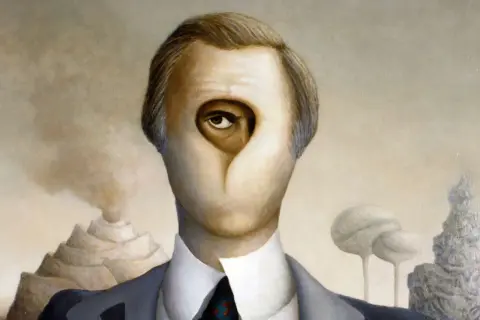 A surreal portrait in graphic realism depicts a man with an eye in a hole where his mouth should be, set against a dreamlike landscape with tiered mountains and strange trees.