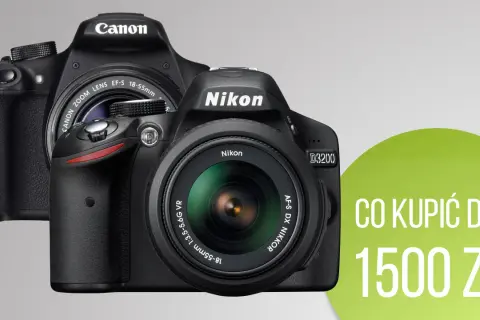 Dwa aparaty cyfrowe: Canon i Nikon, z obiektywami.