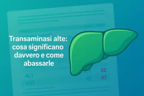 Fegato stilizzato accanto a testo che spiega cosa significano le transaminasi alte e come abbassarle velocemente.