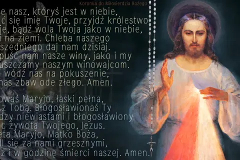 Obraz Jezusa Miłosiernego z modlitwą "Ojcze nasz" i "Zdrowaś Maryjo". Modlitwa za samobójców, o Boże miłosierdzie.