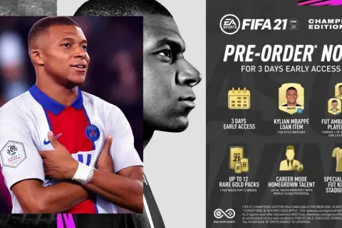 Kylian Mbappé w koszulce PSG na plakacie FIFA 21. Dowiedz się, ile kosztuje FIFA 21 i jakie bonusy oferuje edycja mistrzowska.