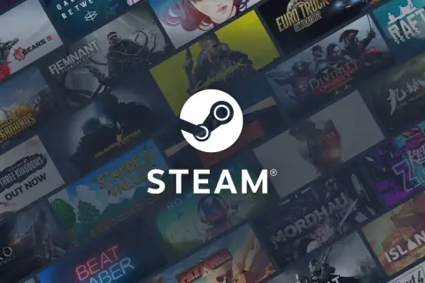 Logo Steam otoczone okładkami gier, tworząc cyfrową chmurę możliwości.