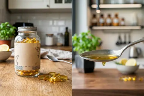 Słoik kapsułek omega 3 i łyżka z płynnym olejem. Dowiedz się, na co omega 3 i jak je stosować.
