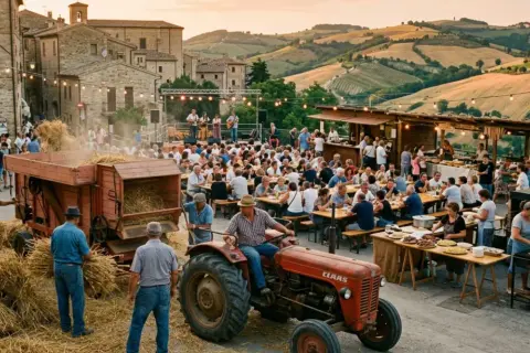 Festa di paese nelle Marche: musica, cibo e trattori tra colline e antichi borghi. Un tuffo nelle tradizioni.
