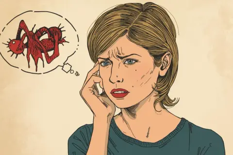 Una donna pensierosa con un pensiero inquietante: cosa sono i pensieri ossessivi? Un'immagine che evoca ansia.