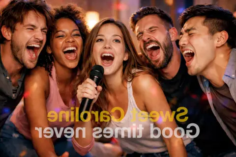 Fünf Freunde singen lautstark Karaoke in einer Bar. Sie haben sichtlich Spaß und lachen.