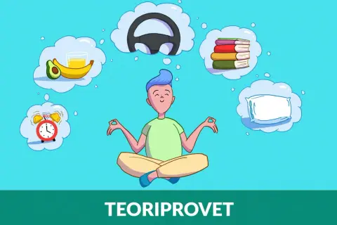 En person med blått hår mediterar om hur ser teoriprovet ut: ratt, böcker, kudde, frukost och väckarklocka.