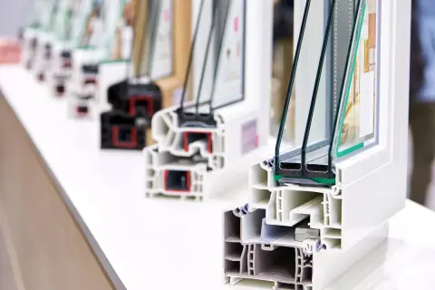 Sección de ventana con triple acristalamiento, mostrando sus cámaras internas para aislamiento térmico y acústico.