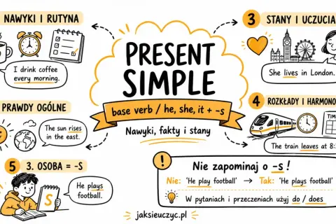 Grafika wyjaśnia Present Simple: nawyki, prawdy ogólne, stany, rozkłady. Pokazuje przykłady: "I drink coffee", "The sun rises", "She lives", "The train leaves", "He plays football".