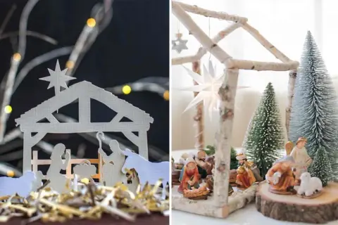 Deux crèches de Noël originales : une silhouette blanche stylisée et une scène plus traditionnelle avec des figurines et des sapins.
