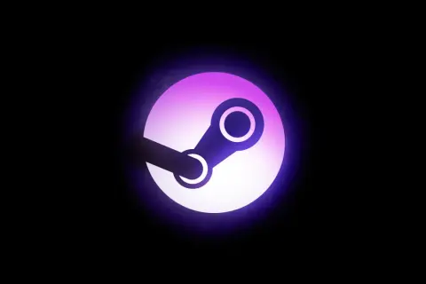 Logo Steam w fioletowo-białej poświacie na czarnym tle.