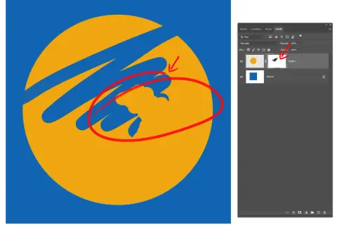 Un cerchio giallo con striature blu, evidenziato da un cerchio rosso e una freccia. Pannello Livelli di Photoshop con una maschera di livello attiva.