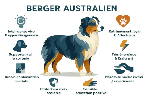 Berger Australien : intelligent, loyal, énergique. Son éducation positive demande un maître investi.