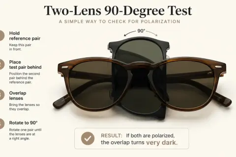 Zwei Sonnenbrillen werden übereinander gelegt und um 90° gedreht, um zu prüfen, ob sie polarisierte Sonnenbrille Nachteile haben.