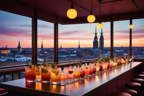 En rad färgglada drinkar på en cocktailbar i Stockholm med utsikt över staden vid solnedgången.