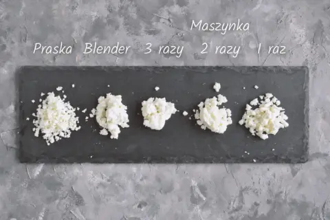 Kolaże sera zmielonego na sernik różnymi metodami: praska, blender, maszynka 1, 2, 3 razy.