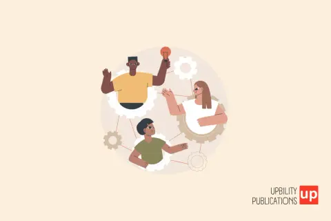 Ilustración de personas colaborando, con engranajes y una bombilla, ideal para actividades para trabajar las habilidades sociales.