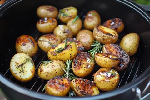 Saftige Rosmarinkartoffeln mit grobem Salz auf einem Grillrost. Die Kartoffeln sind goldbraun und leicht angekohlt, mit frischen Rosmarinzweigen dazwischen.