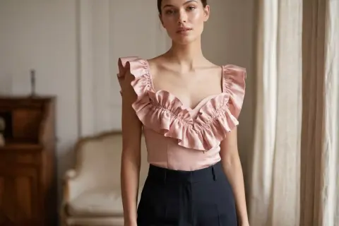 Elegancka bluzka z falbankami, idealna dla szczupłych z małym biustem. Podkreśla sylwetkę, dodając uroku.