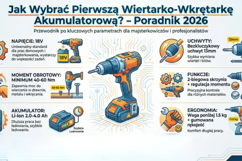 Ilustracja przedstawia wiertarko-wkrętarkę akumulatorową z ikonami opisującymi jej parametry: napięcie, moment obrotowy, akumulator, uchwyt, funkcje i ergonomię.
