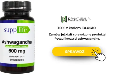 Butelka suplementu diety Ashwagandha 600 mg. Wspiera naturalny poziom testosteronu. Sprawdź korzyści!