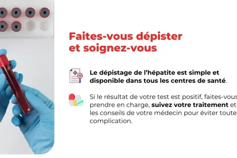 Mains gantées tenant un tube à essai de sang. Le texte encourage le dépistage de l'hépatite et le traitement, mentionnant l'hépatite médicamenteuse.