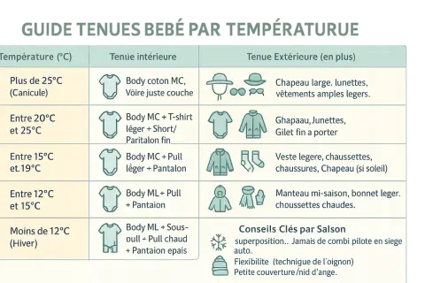 Guide pour comment s'habiller selon la température pour bébé : de la canicule à l'hiver, avec tenues intérieures et extérieures adaptées.