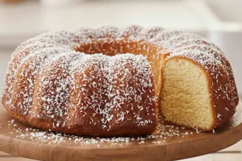 Ciambella al cocco dorata e soffice, cosparsa di scaglie bianche su un tagliere di legno.