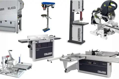 Ensemble de machines à bois FELDER : dégauchisseuse, scie à format, scie à ruban, aspirateur et scie à onglets.