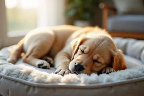 Słodki szczeniak golden retrievera śpi głęboko w swoim legowisku. Czy szczeniaki dużo śpią? Tak, ten maluch potwierdza!