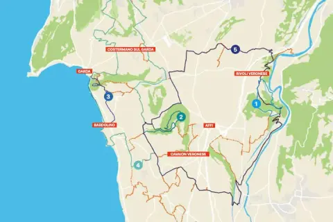 Mappa dei sentieri attorno al Lago di Garda, con percorsi che collegano Bardolino, Garda, Costermano, Affi, Cavaion Veronese, Rivoli Veronese. Il cammino del Bardolino è ben visibile.