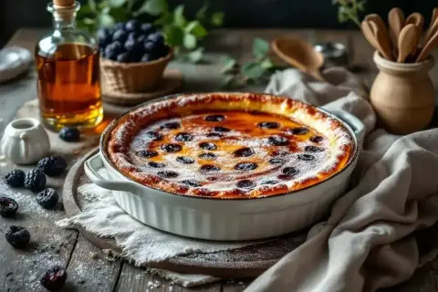 Un délicieux far breton aux myrtilles, façon Cyril Lignac, saupoudré de sucre glace. Une gourmandise à savourer.