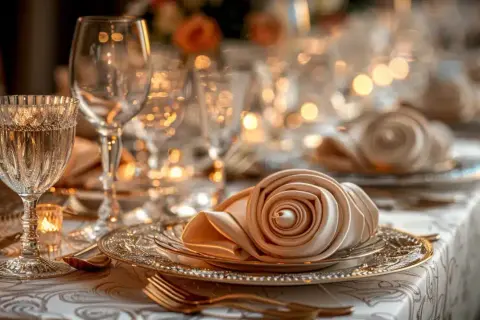 Un élégant noeud serviette mariage en forme de rose sur une assiette dorée, entouré de verres scintillants et de bougies.