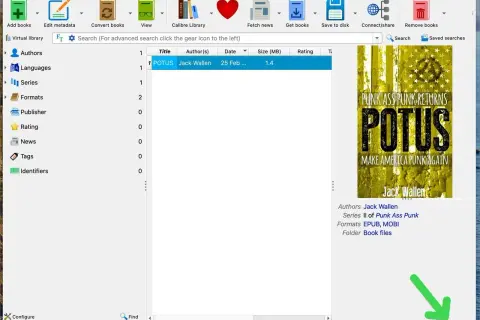 Bibliothèque Calibre affichant un livre "POTUS" de Jack Wallen, disponible en formats EPUB, MOBI, sans DRM.