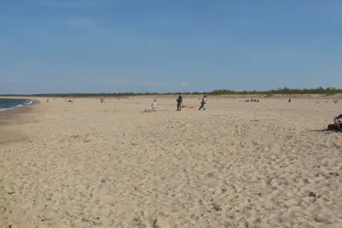 Szeroka, piaszczysta plaża Stogi z kilkoma osobami spacerującymi i odpoczywającymi. W tle widać morze i las.