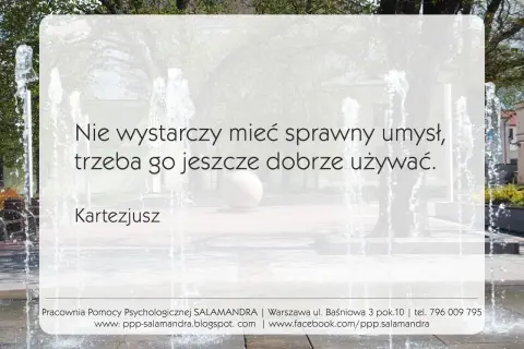 Cytat Kartezjusza: "Nie wystarczy mieć sprawny umysł, trzeba go jeszcze dobrze używać." Woda tryska z fontanny.