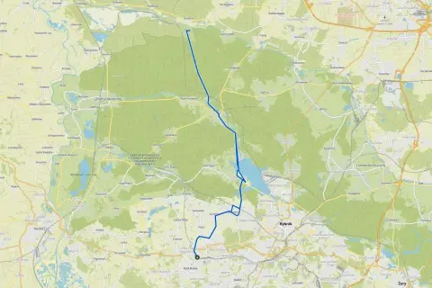 Trasy rowerowe Rybnik: mapa pokazuje malowniczą trasę rowerową przez tereny zielone i rezerwaty, łączącą Rybnik z okolicznymi miejscowościami.