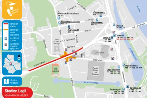 Mapa komunikacji miejskiej w Warszawie. Widoczne przystanki autobusowe, w tym autobus 162, oraz Stadion Legii.