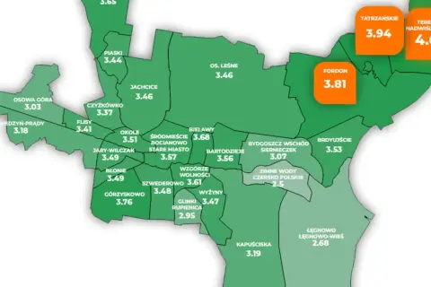 Mapa Bydgoszczy z podziałem na dzielnice i ocenami.