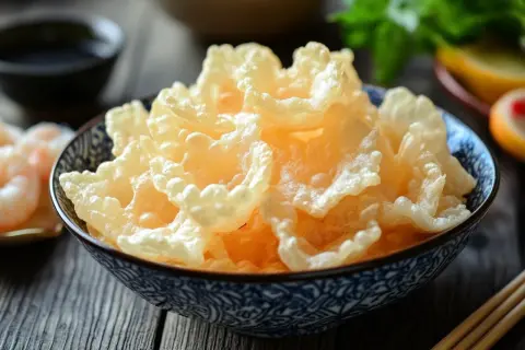Krabbenchips selber machen: knusprige, goldgelbe Snacks in einer blauen Schale, daneben Garnelen und Sojasauce.