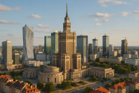 Warszawski Pałac Kultury i Nauki i nowoczesne wieżowce. Idealne miejsce, by odkrywać co robić samemu w Warszawie.