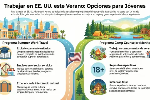 Jóvenes pueden estudiar y trabajar en Estados Unidos este verano. Dos opciones: Summer Work Travel para universitarios y Camp Counselor para monitores.