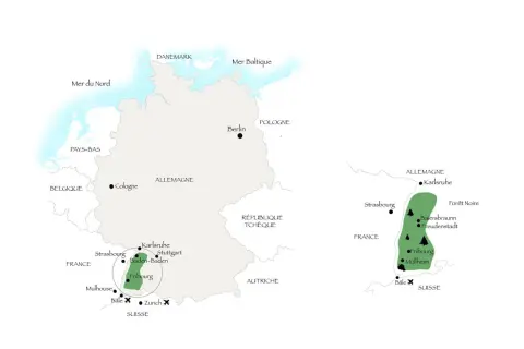 Carte du circuit touristique Forêt-Noire en Allemagne, avec les villes de Karlsruhe, Fribourg et Mulhouse.