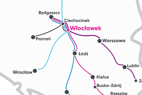 Mapa Polski z zaznaczonymi trasami kolejowymi. Włocławek jest centralnym punktem, od którego odchodzą linie do Bydgoszczy, Poznania, Łodzi, Warszawy i dalej. Sprawdź hopper ceny biletów na podróż!