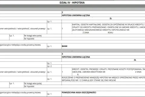 Fragment dokumentu z wpisami dotyczącymi hipotek umownych, z polami na numery, rodzaje i sumy hipotek.