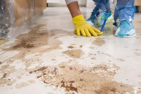 Main jaune nettoyant le carrelage taché, peut-être par de l'acide chlorhydrique.