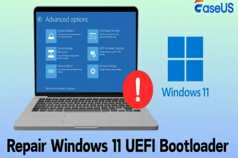 Naprawa Windows 11 UEFI bootloader na laptopie z widocznymi opcjami odzyskiwania.