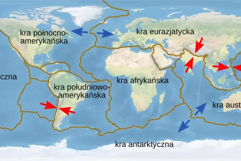 Mapa świata z zaznaczonymi płytami tektonicznymi i kierunkami ich ruchu. Widoczne kontynenty: Ameryka Północna, Ameryka Południowa, Afryka, Eurazja, Australia i Antarktyda.