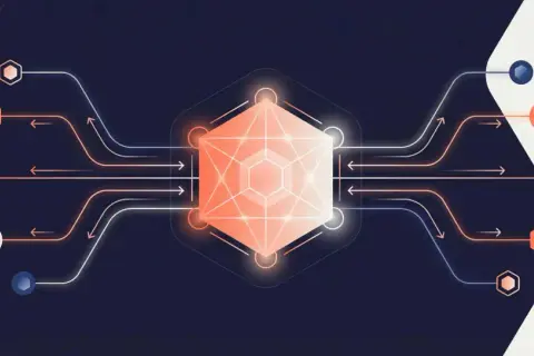 Schéma abstrait de flux de données, évoquant la rapidité et l'efficacité d'un serveur javascript express.